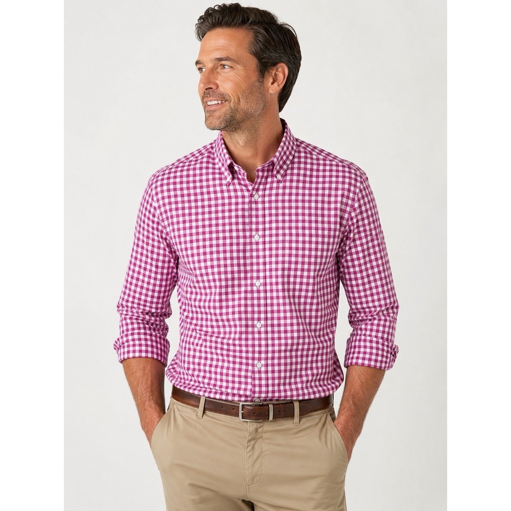 J. Hillburn Pink White Gingham Dress Shirt Men's XL Italian Cotton Button Dow